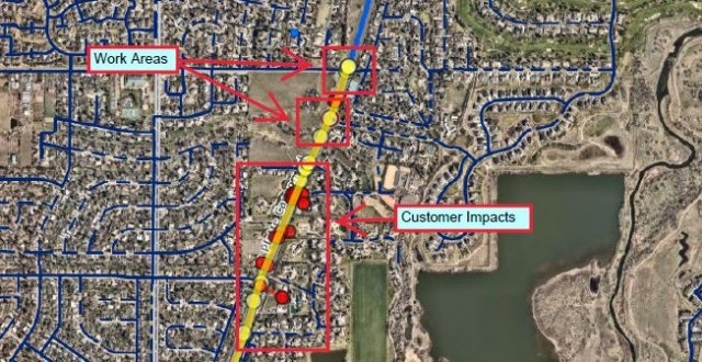 A map showing work areas and customer impacts, with marked locations and arrows indicating significant points of interest.