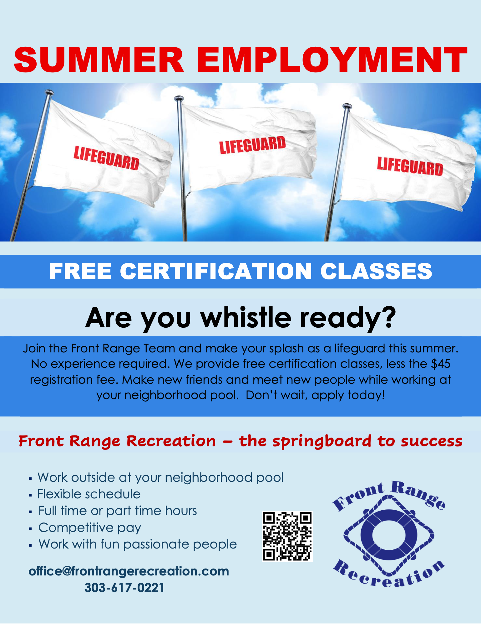 A lifeguard summer employment ad with free certification classes, job details, contact info, and a QR code.