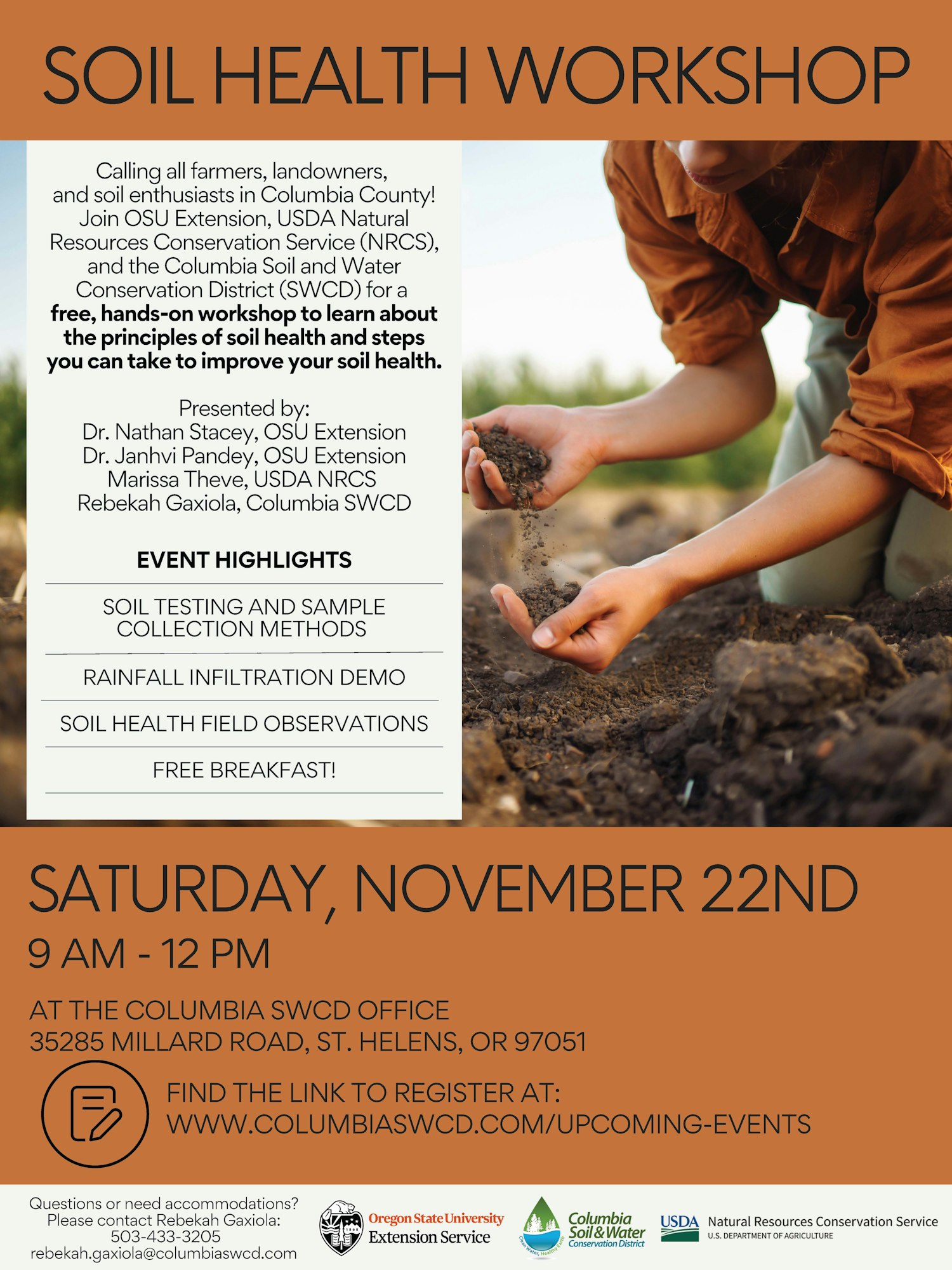 Soil Health Workshop on Nov 22, 9 AM-12 PM, at Columbia SWCD Office, OR. Free event with soil testing, demos, and free breakfast.