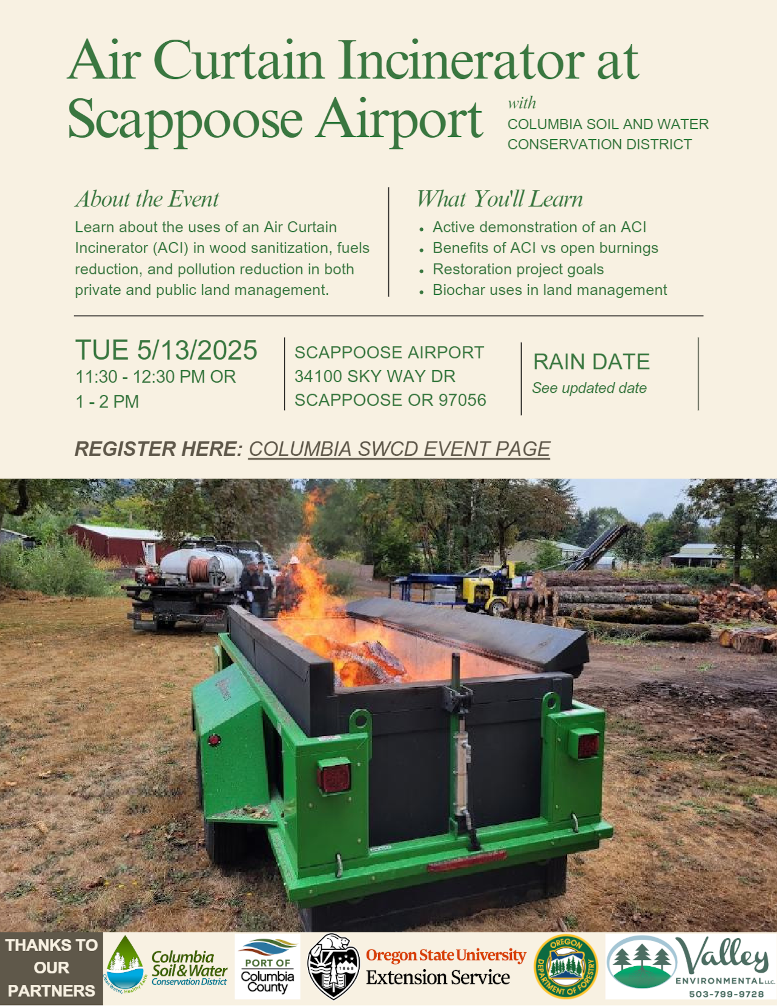 Event poster for an Air Curtain Incinerator demo at Scappoose Airport on 5/13/2025, hosted by Columbia SWCD.