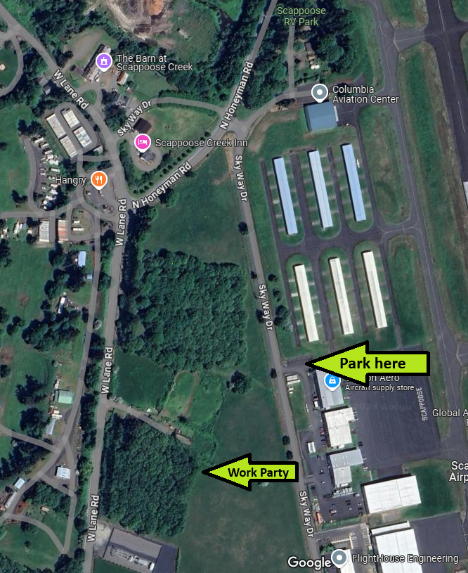 A satellite image of an airfield with marked locations for parking and a work party.