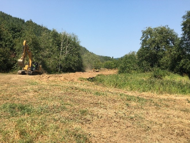 A yellow excavator in a field with trees in the background and clear blue sky.