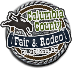 The image features a logo for the Columbia County Fair & Rodeo in St. Helens, Oregon, featuring a rodeo horse and rope design.