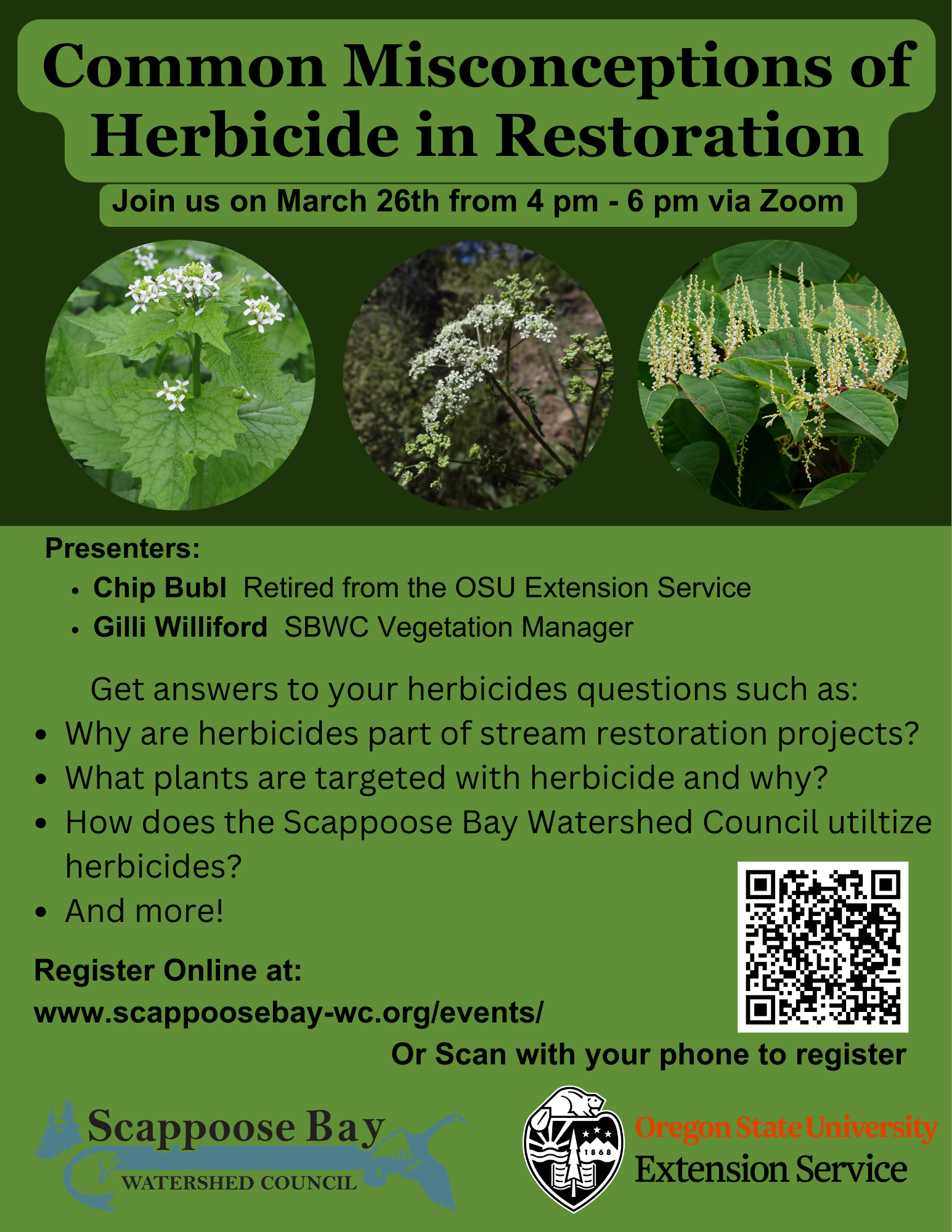 The image is a flyer for a Zoom event on March 26 discussing herbicides in restoration, featuring presenters from OSU and SBWC.