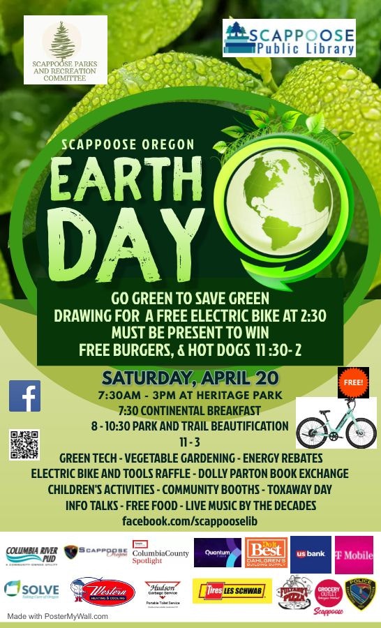 Poster for Scappoose, Oregon Earth Day event with activities, free food, and an electric bike drawing.