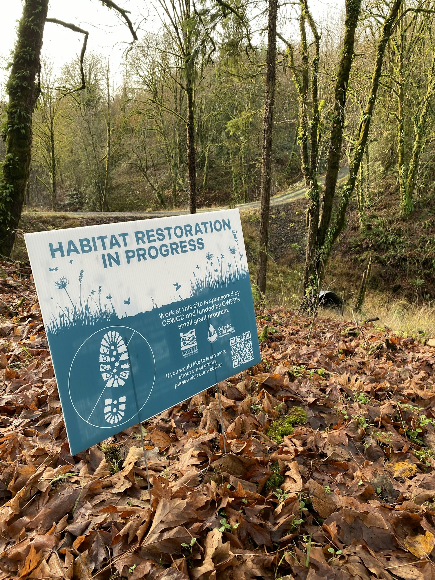 A sign indicating "Habitat Restoration in Progress" with a QR code, set amid a forest floor covered with fallen leaves.
