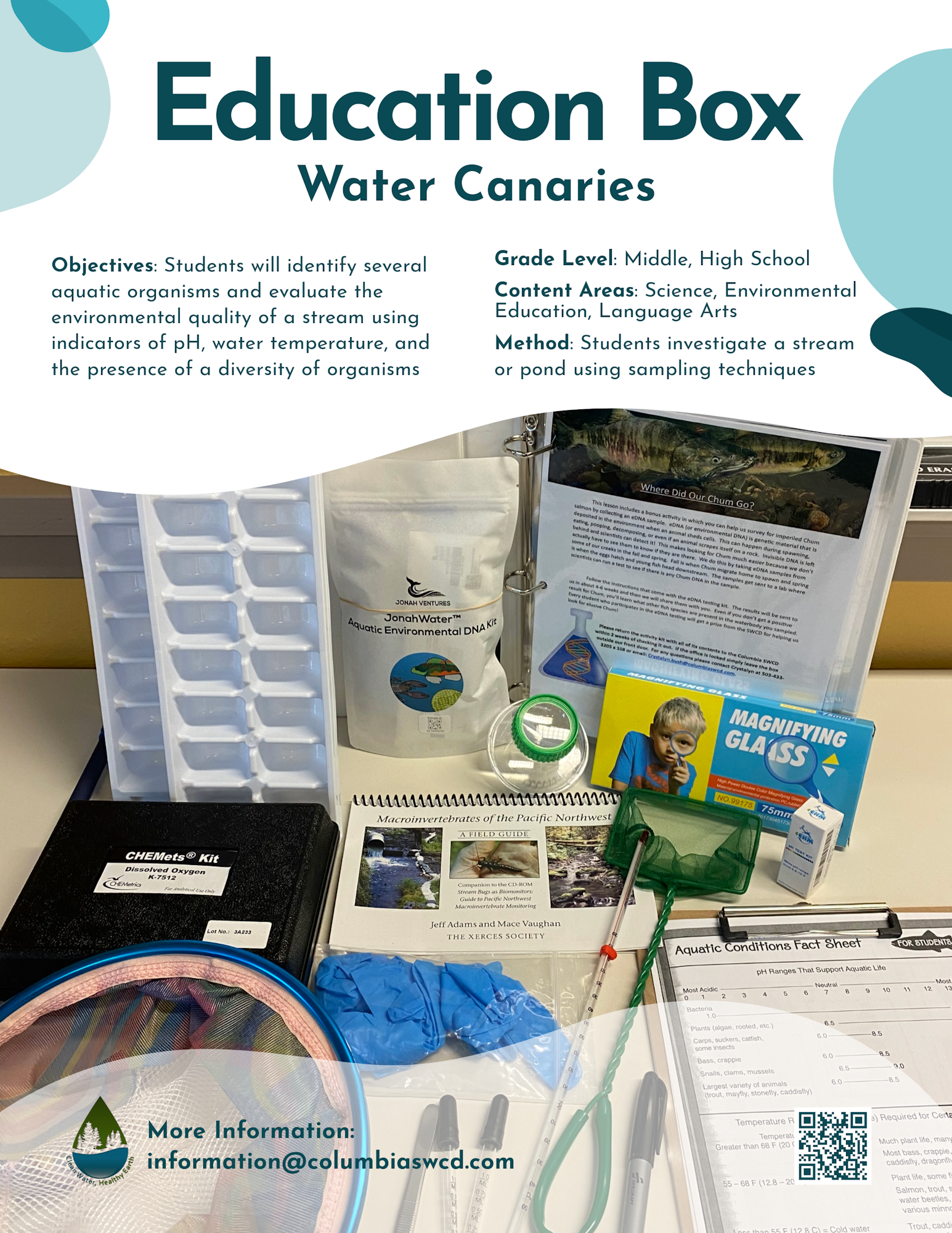 An educational water quality testing kit for students with various tools and a guidebook.