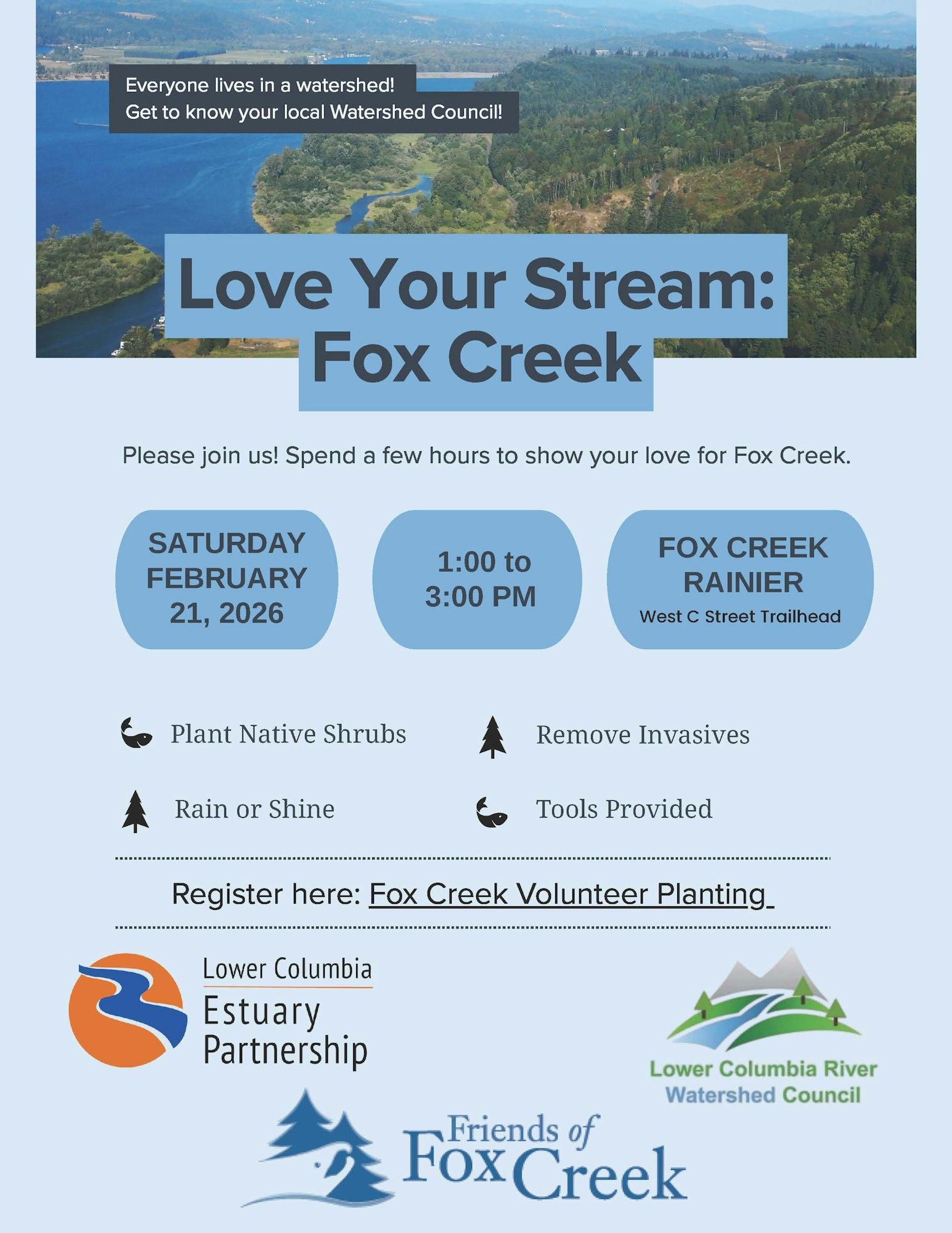 Join the Fox Creek volunteer event on Feb 21, 2026, 1-3 PM. Plant shrubs, remove invasives. Tools provided! Register online.