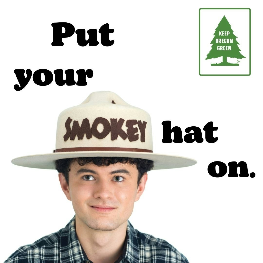adult person wearing smokey the bear hat with slogan "put your smokey hat on"