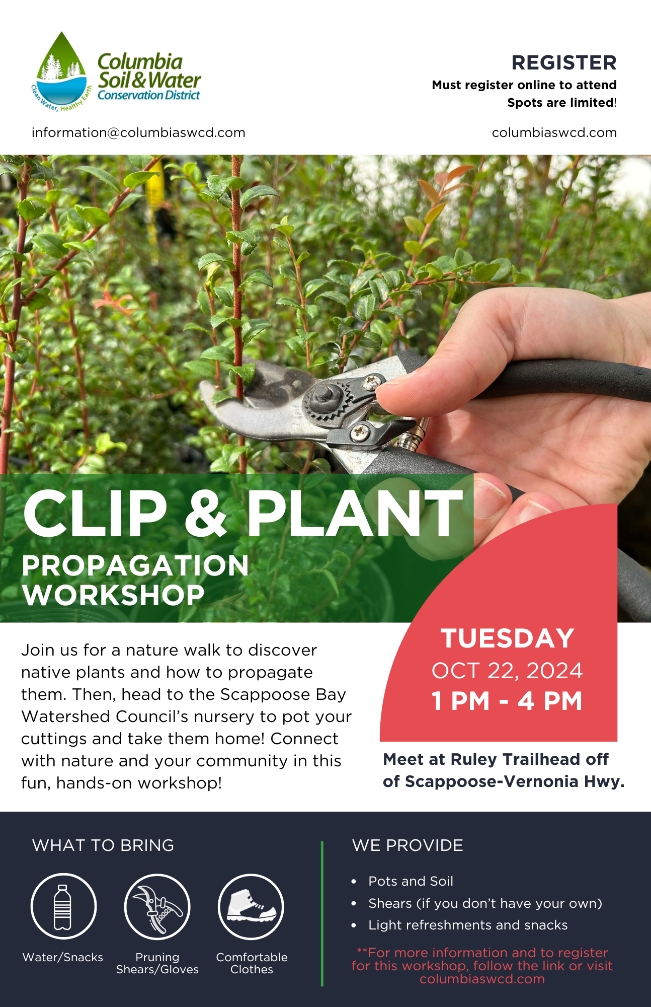 A flyer for a plant propagation workshop by Columbia Soil & Water Conservation District on October 22, 2024, requiring registration.
