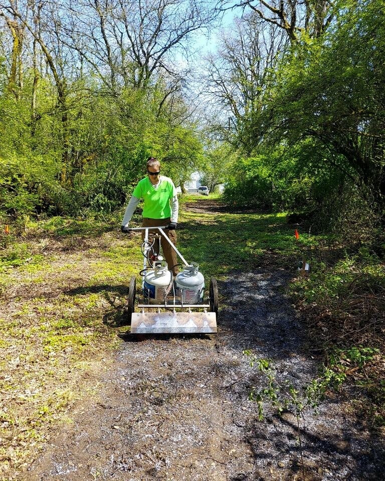 A person operating a machine with gas canisters on a forest trail under a sunny sky.