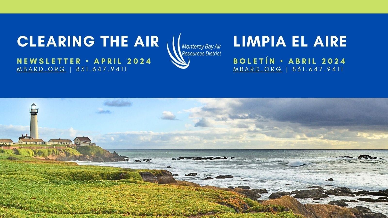 A newsletter header with a coastal landscape, lighthouse, and text for the Monterey Bay Air Resources District, April 2024.