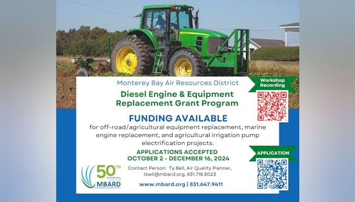 Flyer for a Diesel Engine Replacement Grant Program by Monterey Bay Air Resources District, with application details and QR codes.