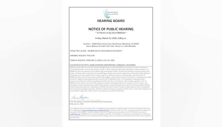 Notice of a public hearing on March 13, 2026, regarding a variance request for the Salinas Valley Solid Waste Authority.