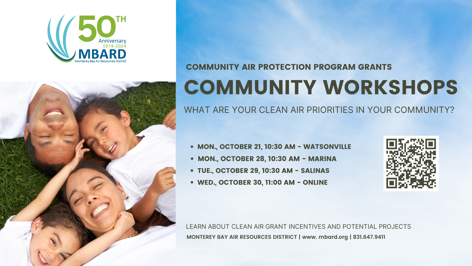 An ad for community workshops discussing clean air priorities, with a happy family lying on grass and details about the events.