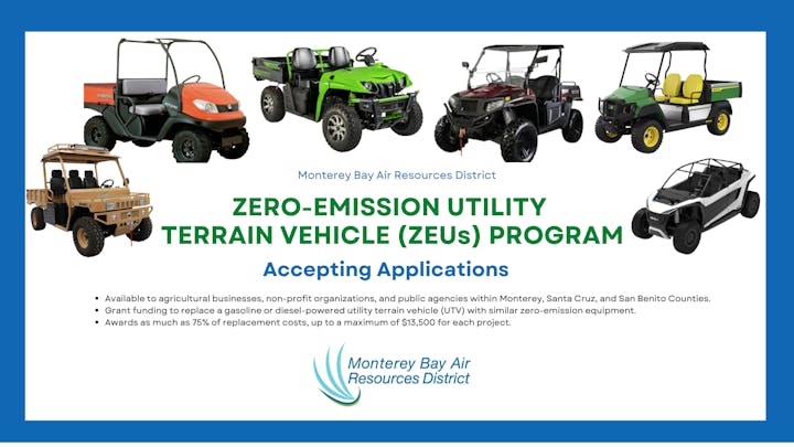 The image promotes a Zero-Emission Utility Terrain Vehicle program offering grants for replacement vehicles in Monterey area.