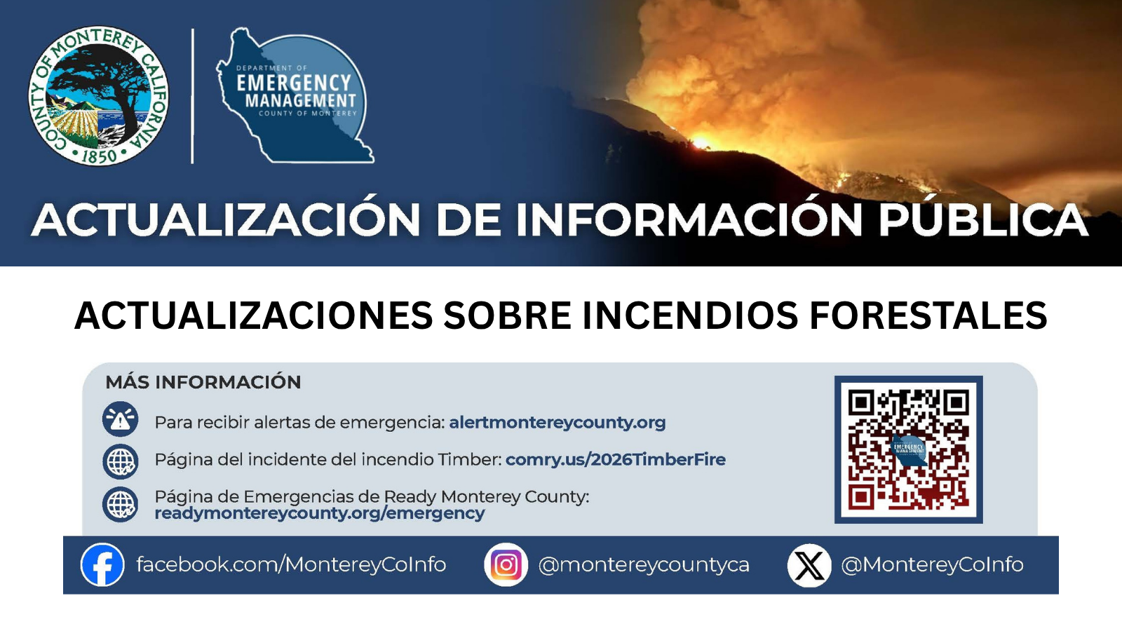 The image provides updates about forest fires in Monterey County, with links for emergency alerts and detailed information.