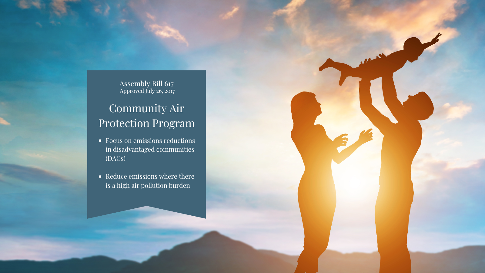 Silhouette of two adults playing with a child against a sunset sky, plus text about the Community Air Protection Program.