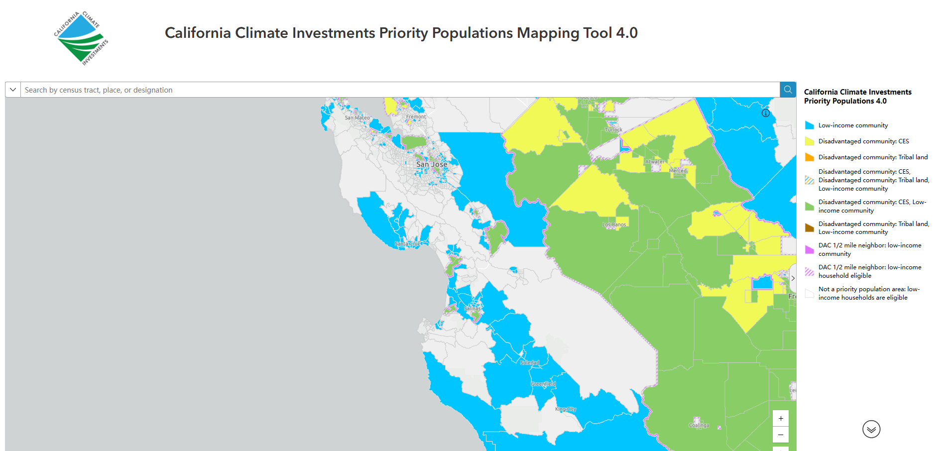A map of California showing climate investment priority populations, highlighting low-income and disadvantaged communities.