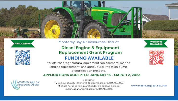 The image promotes a grant program for diesel engine replacement for agricultural equipment, accepting applications from Jan 13 - Mar 2, 2026.