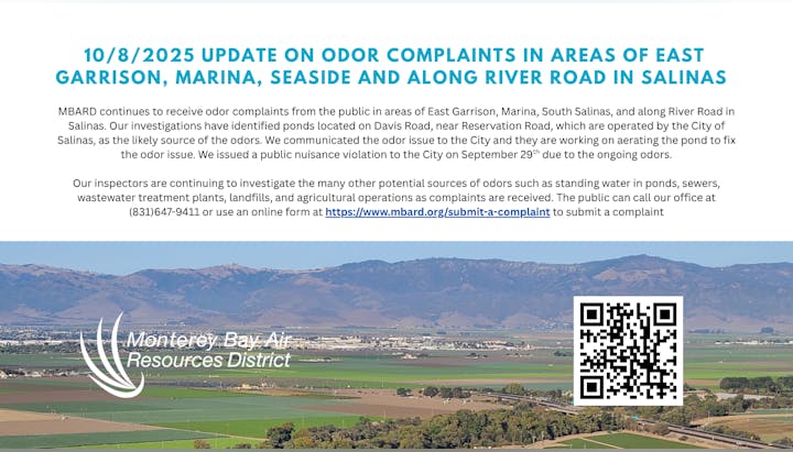 Update on odor complaints in East Garrison, Marina, and more. Source identified; investigation ongoing. Contact info and QR code included.