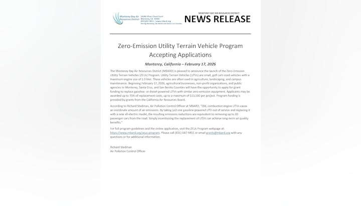Monterey Bay Air Resources District announces grant program for zero-emission utility terrain vehicles, accepting applications starting Feb 17, 2026.