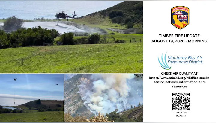 Image showing a helicopter battling the Timber Fire on August 19, 2026, with air quality info from Monterey Bay Air Resources District.