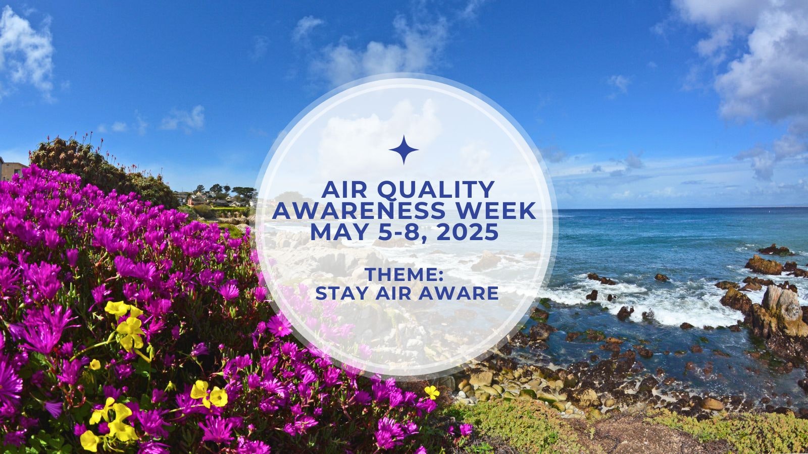 Purple flowers by the ocean, promoting Air Quality Awareness Week, May 5-8, 2025. Theme: Stay Air Aware.