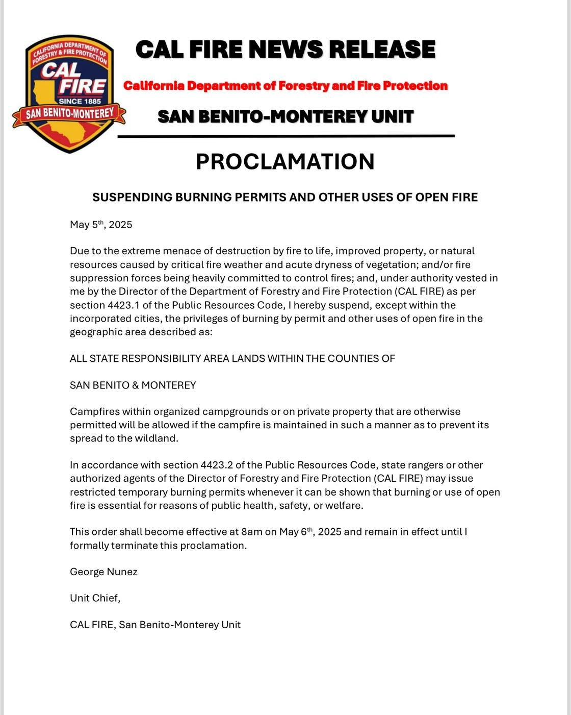 CAL FIRE suspends burning permits in San Benito-Monterey due to fire risk starting May 6, 2025. Campfires allowed if safely maintained.