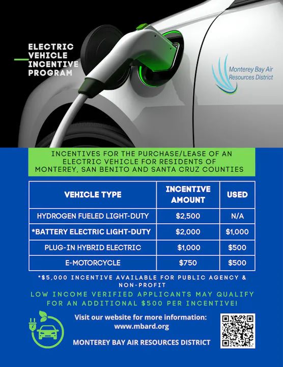 The image promotes incentives for electric vehicle purchases in Monterey, San Benito, and Santa Cruz counties, detailing amounts for various vehicle types.