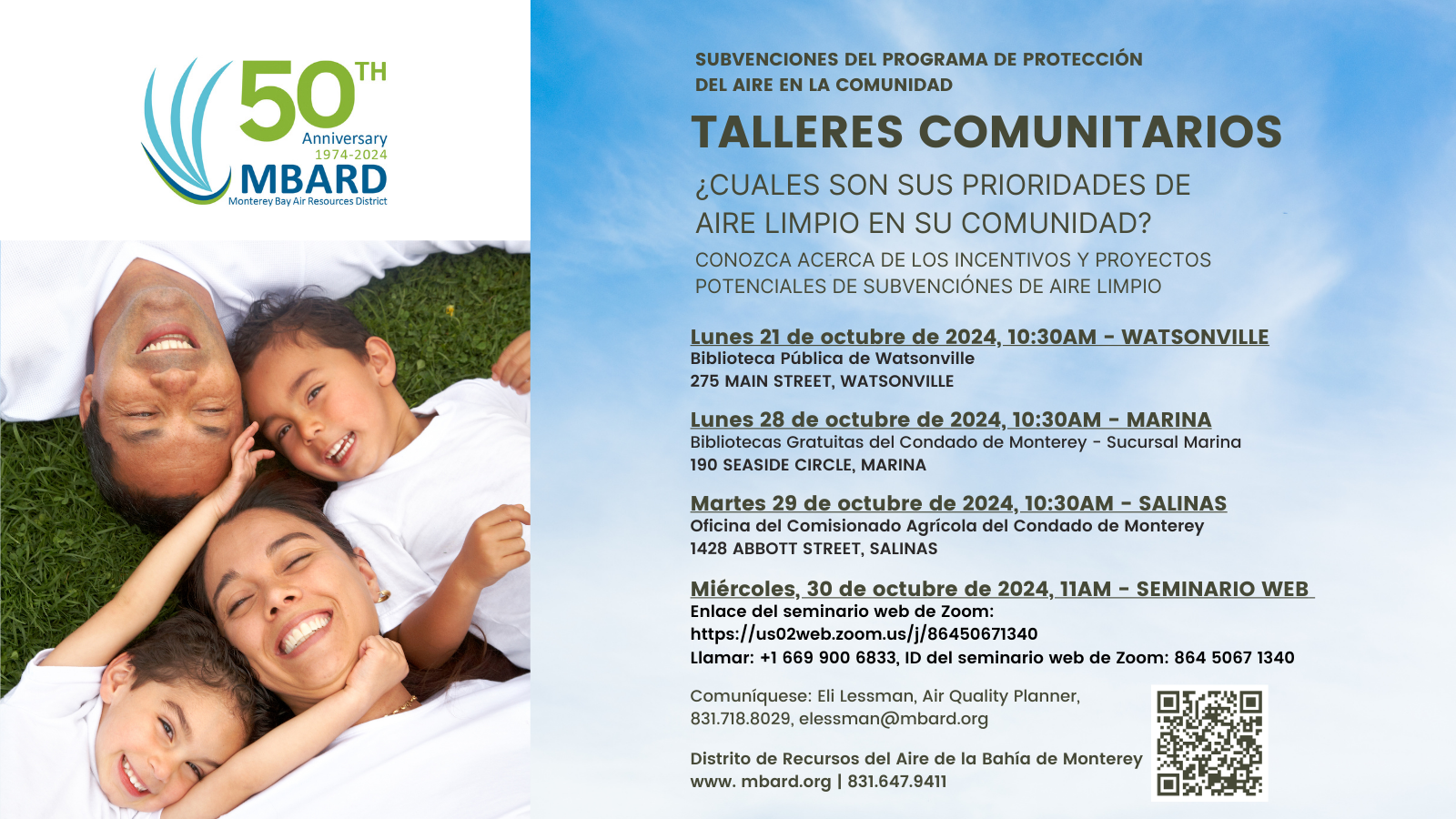 A flyer celebrating MBARD's 50th anniversary with community workshop details and a smiling family lying on grass.