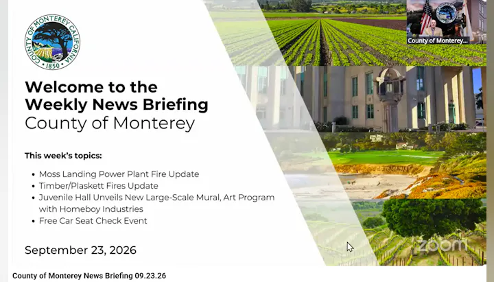 Weekly news briefing for Monterey County covering fire updates, a new mural, and a car seat check event on September 23, 2026.