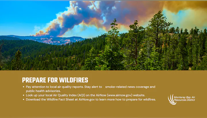 The image provides tips for wildfire preparedness, including checking air quality, following news, and downloading resources.