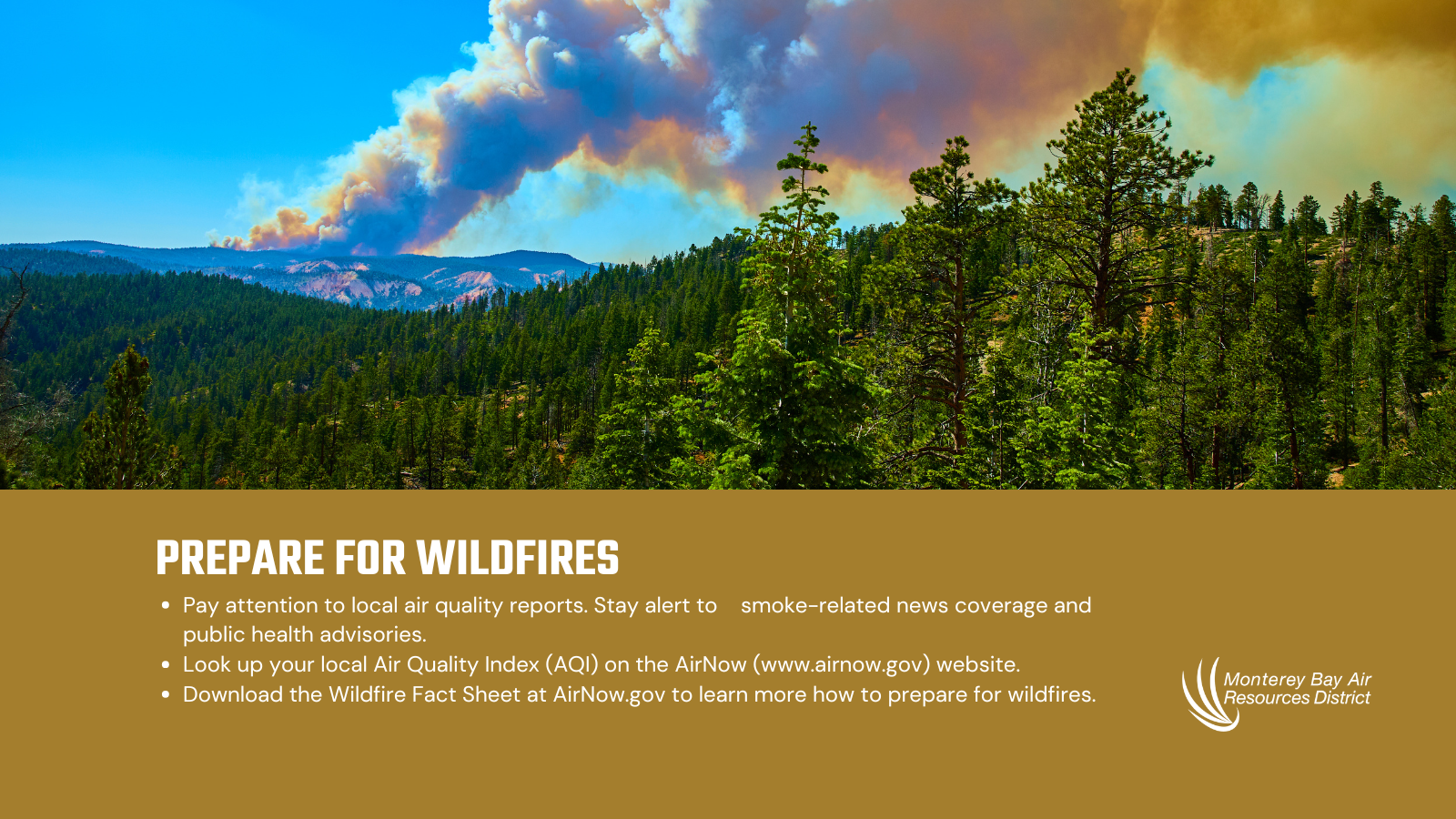 The image provides tips for wildfire preparedness, including checking air quality, following news, and downloading resources.