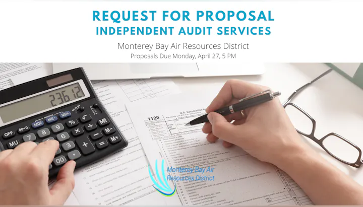 The image shows a request for proposals for independent audit services from the Monterey Bay Air Resources District, due April 27.