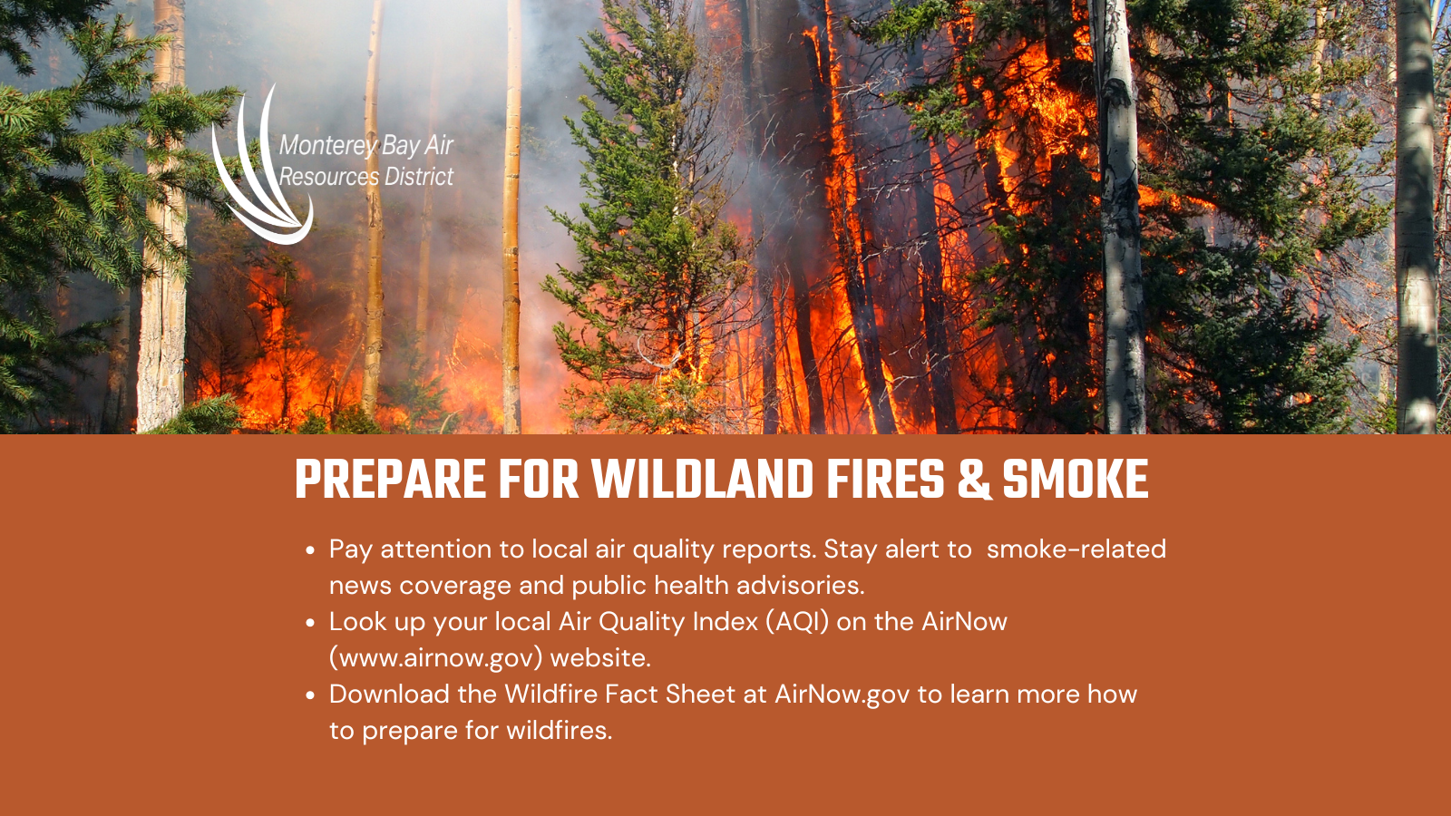 A wildfire and text giving advice on preparing for wildland fires and smoke.