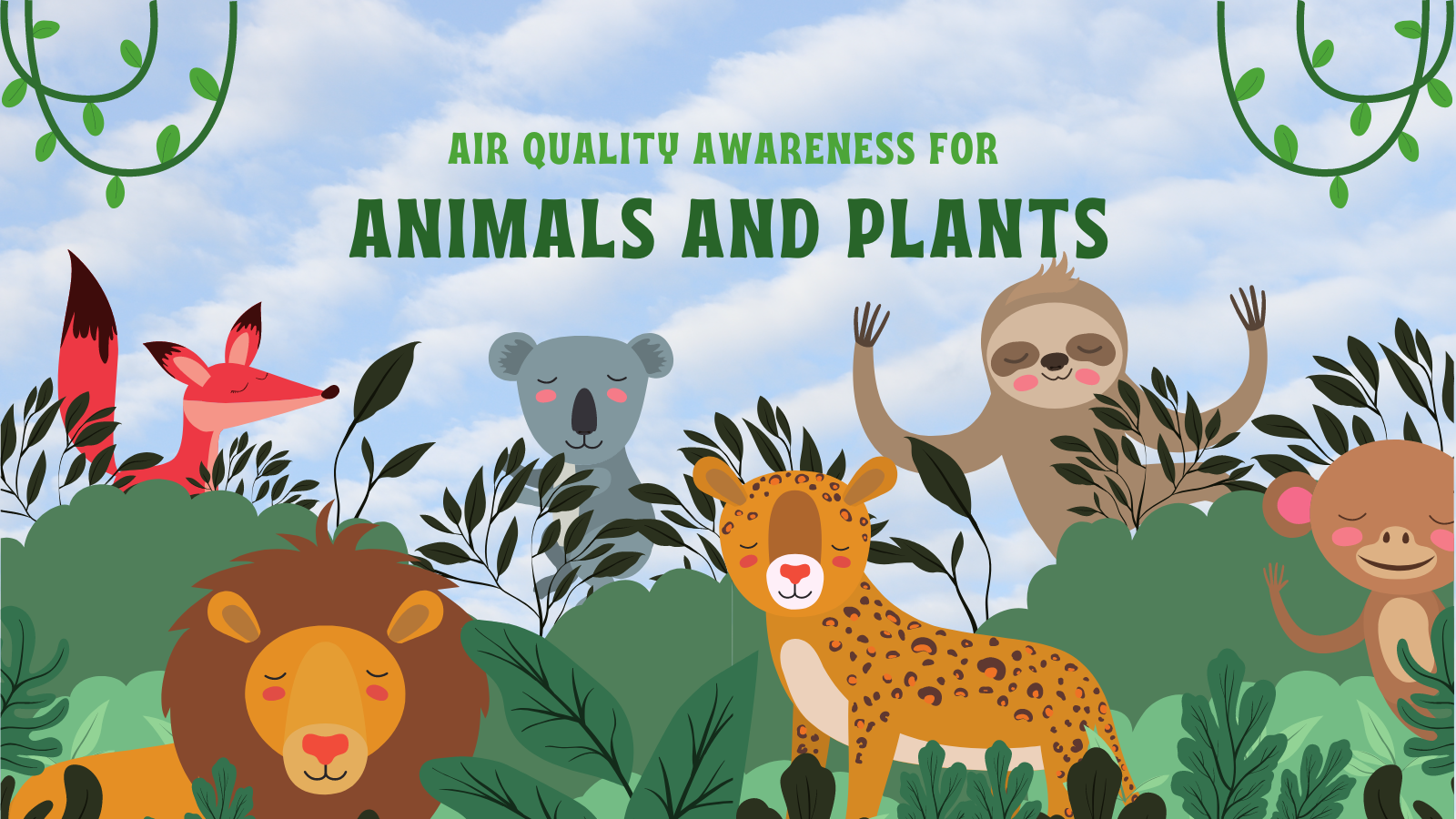 Illustration with cartoon animals and plants promoting air quality awareness.