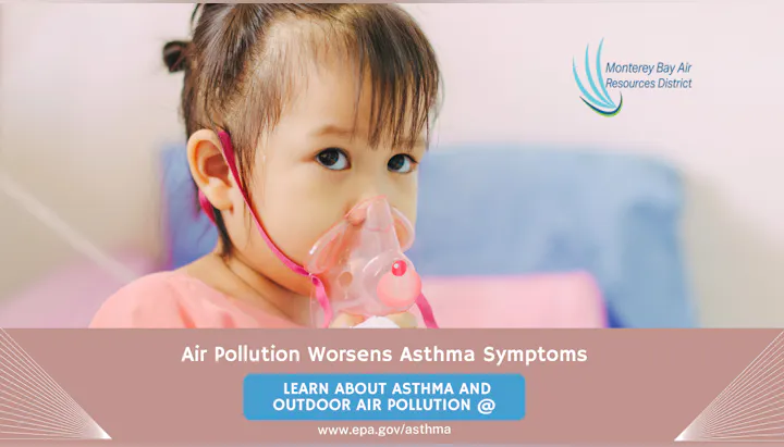 A child uses an inhaler, highlighting that air pollution worsens asthma symptoms. Learn more at epa.gov/asthma.