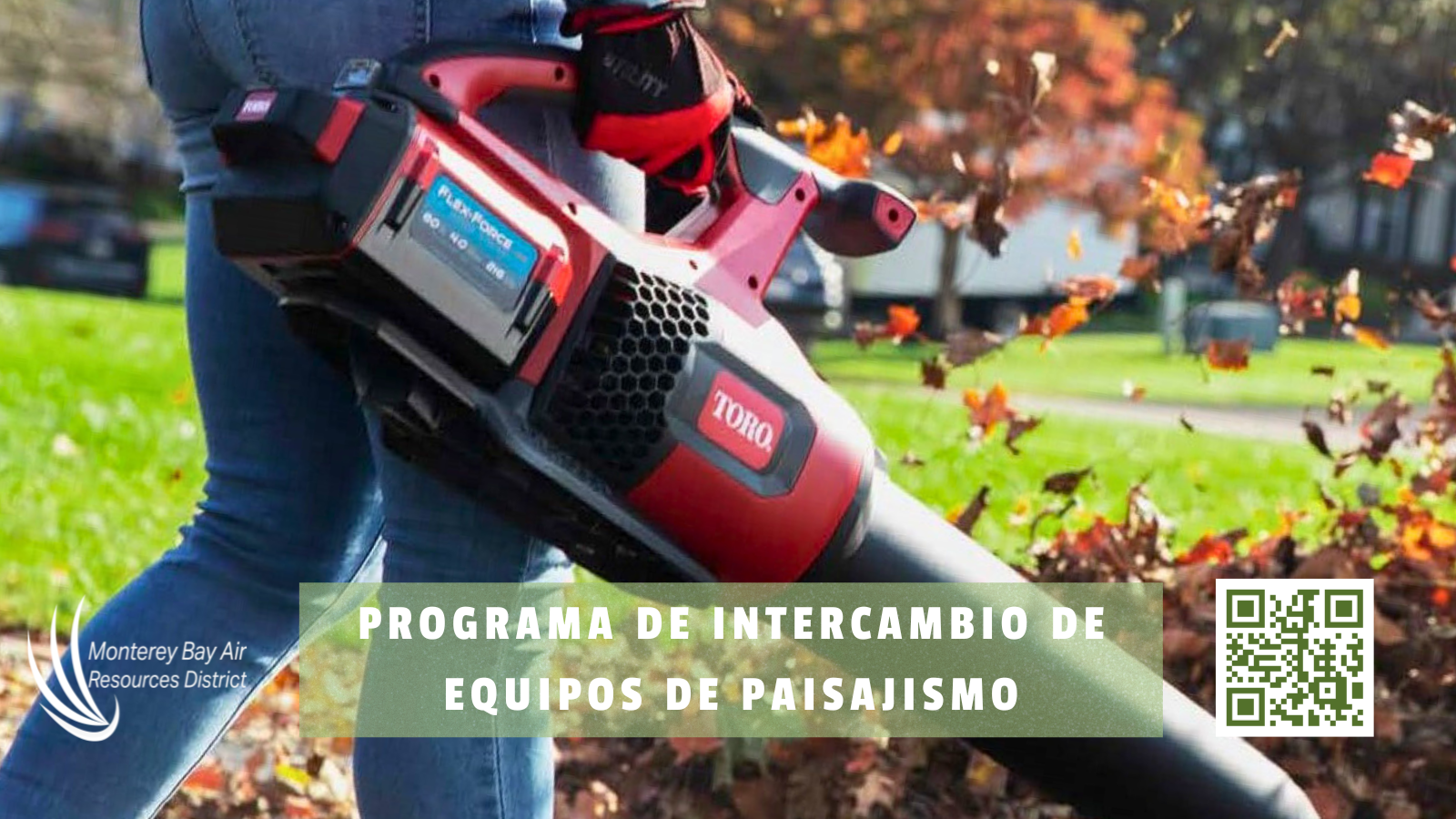 The image promotes a landscaping equipment exchange program, featuring a person using a Toro leaf blower.