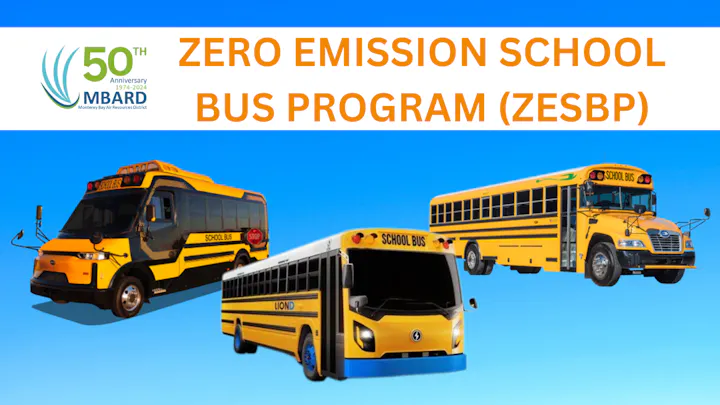 Promotional graphic for a Zero Emission School Bus Program with images of electric school buses.