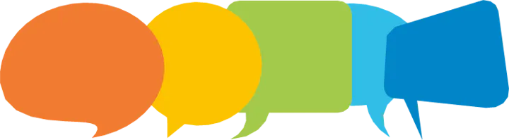 Colorful overlapping speech bubbles: orange, yellow, green, blue.
