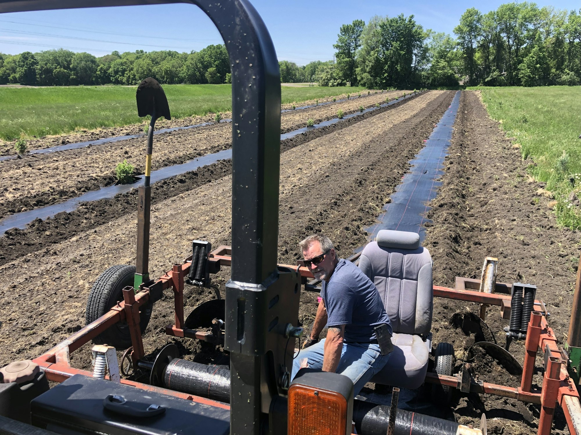 A man operating a tractor laying plastic mulch in a field.