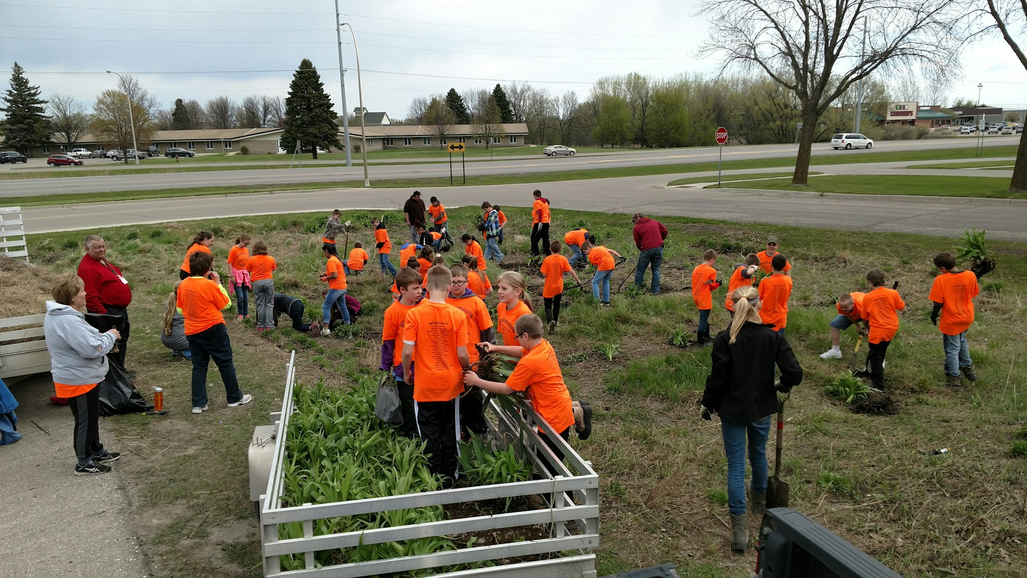 A group of people, mostly in orange shirts, engaged in outdoor planting or gardening near a roadside area.
