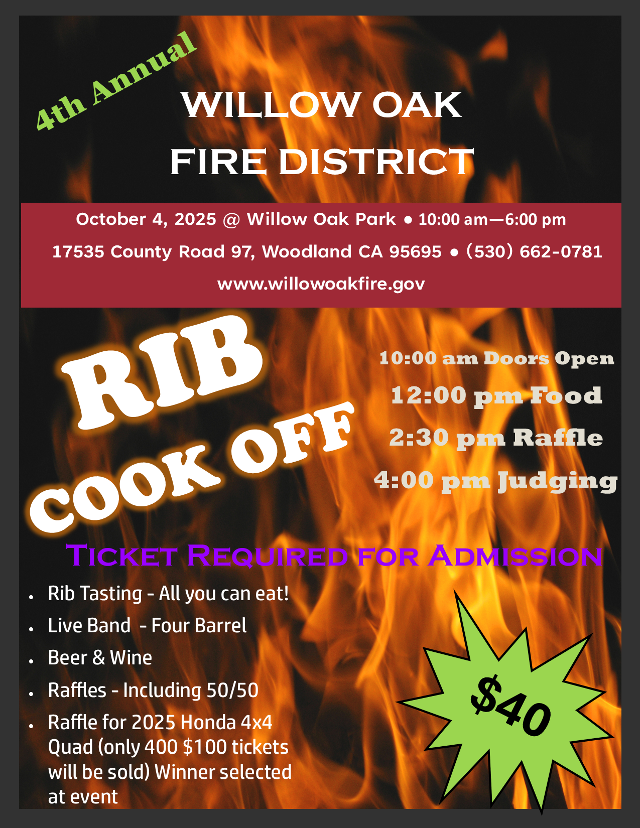 4th Annual Rib Cook Off by Willow Oak Fire District, Oct 4, 2025, $40. Includes tasting, live band, raffles. 10am-6pm.