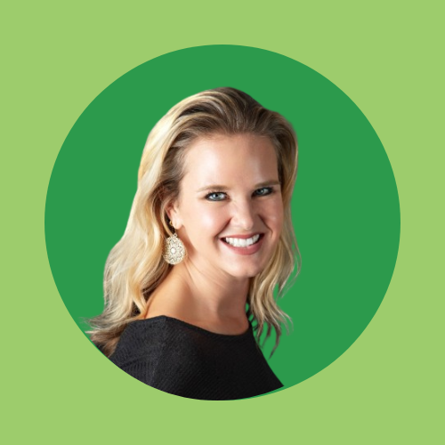 A smiling woman with earrings, black top, against a green circle background.