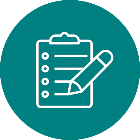 A stylized clipboard with a checklist and pencil icon on a teal background.