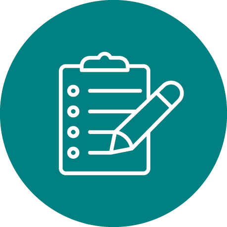A stylized clipboard with a checklist and pencil icon on a teal background.