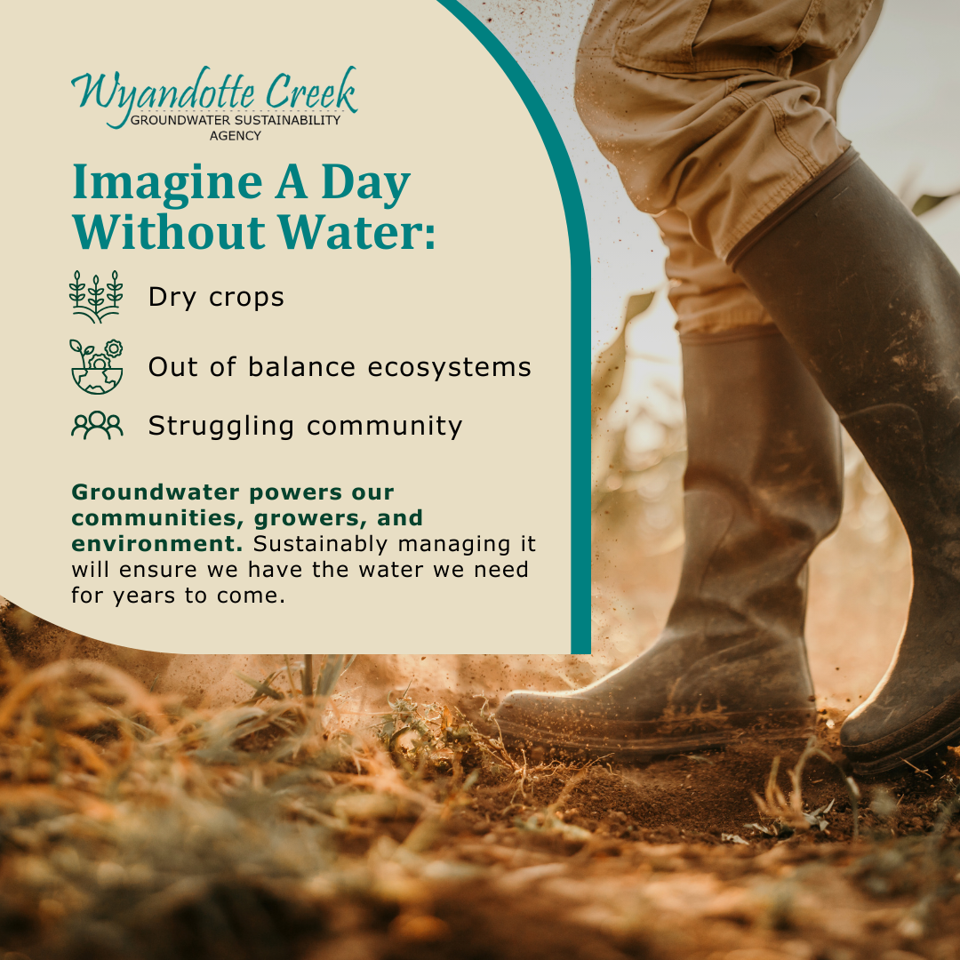 An infographic about groundwater sustainability, listing negative impacts of no water, with a person's booted legs amid dry soil.