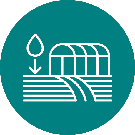Icon showing water conservation on agricultural land with a greenhouse.