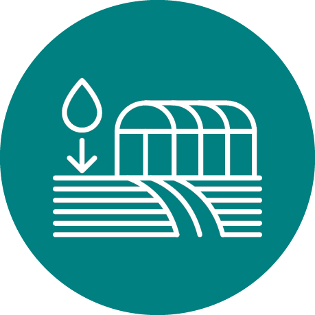 Icon showing water conservation on agricultural land with a greenhouse.